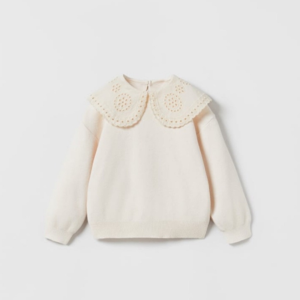 Zara Knit Sweater with Embroidered Collar - Ivory/Cream - Size 12-18M